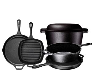 bruntmor pre seasoned 6 pcs pots and pans set - double dutch oven crockpot - cooking set - cast iron skillets and square grill pan with lid - outdoor camping cookware - kitchen accessories