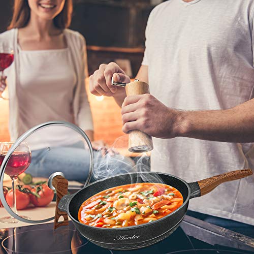 ANEDER Wok Pan Nonstick 12.5 Inch Skillet, Frying Pan with Lid & Spatula Wok Pans for Cooking Electric, Induction & Gas Stoves, Oven Safe