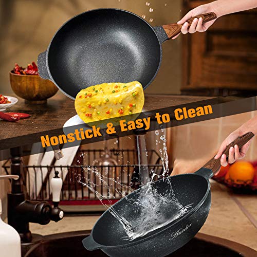 ANEDER Wok Pan Nonstick 12.5 Inch Skillet, Frying Pan with Lid & Spatula Wok Pans for Cooking Electric, Induction & Gas Stoves, Oven Safe