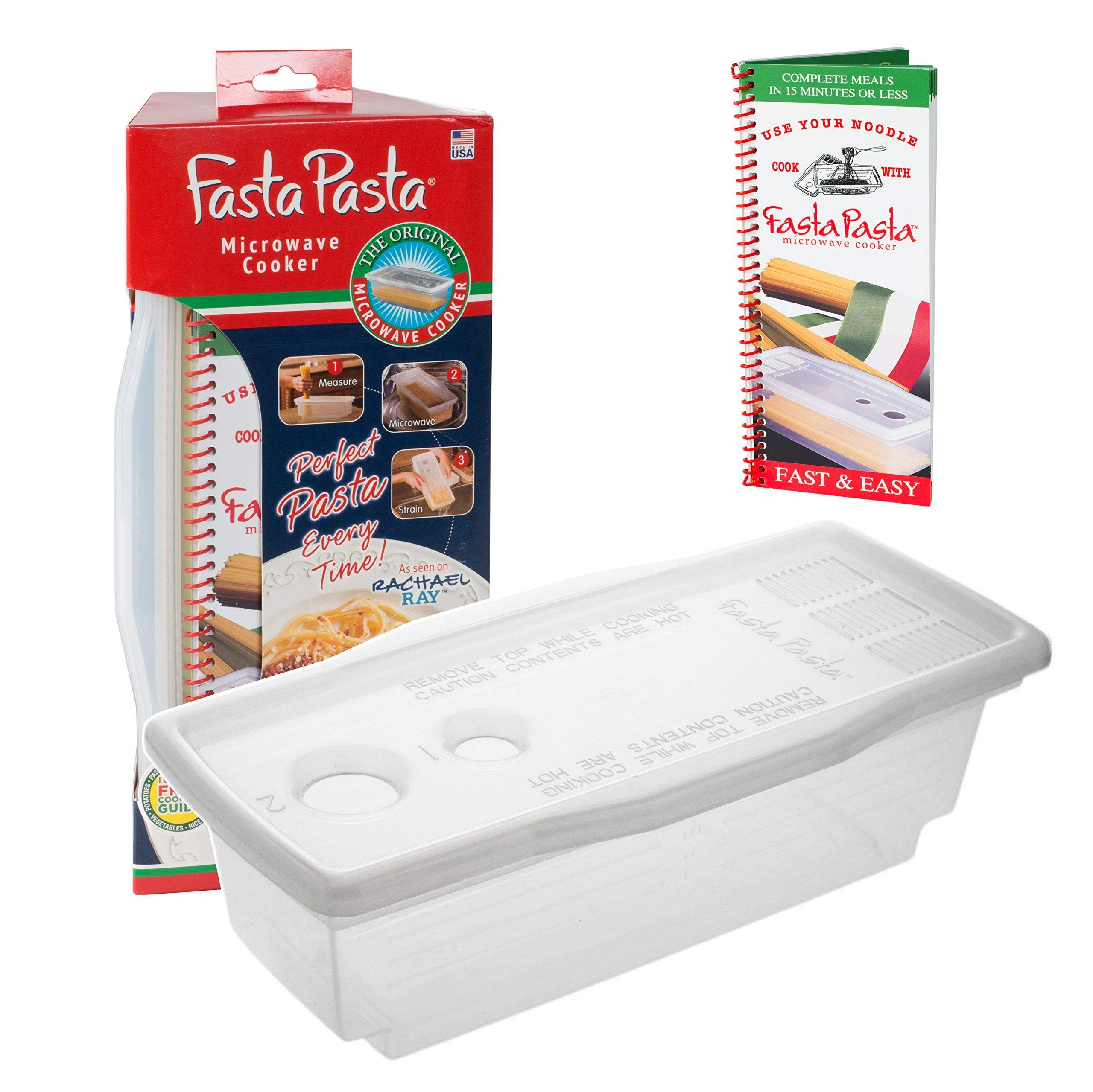 Microwave Pasta Cooker- Original Fasta Pasta w Spiral Cookbook- Microwave Spaghetti Cooker Quickly Cooks Up to 4 Servings- No Mess, Sticking or Waiting For Boil- Perfect Al Dente Pasta