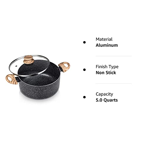 MICHELANGELO Stock Pot with Lid, 5 Quart Cooking Pot Nonstick, Granite Soup Pot with Lid, Induction Pot with Stay-cool Handle, 5 Qt Stockpot Non Stick Pot Black