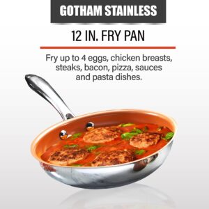 Gotham Steel Stainless Steel Premium 12” Frying Pan, Triple Ply Reinforced with Super Nonstick Ti- Cerama Copper Coating and Induction Capable Encapsulated Bottom – Dishwasher Safe