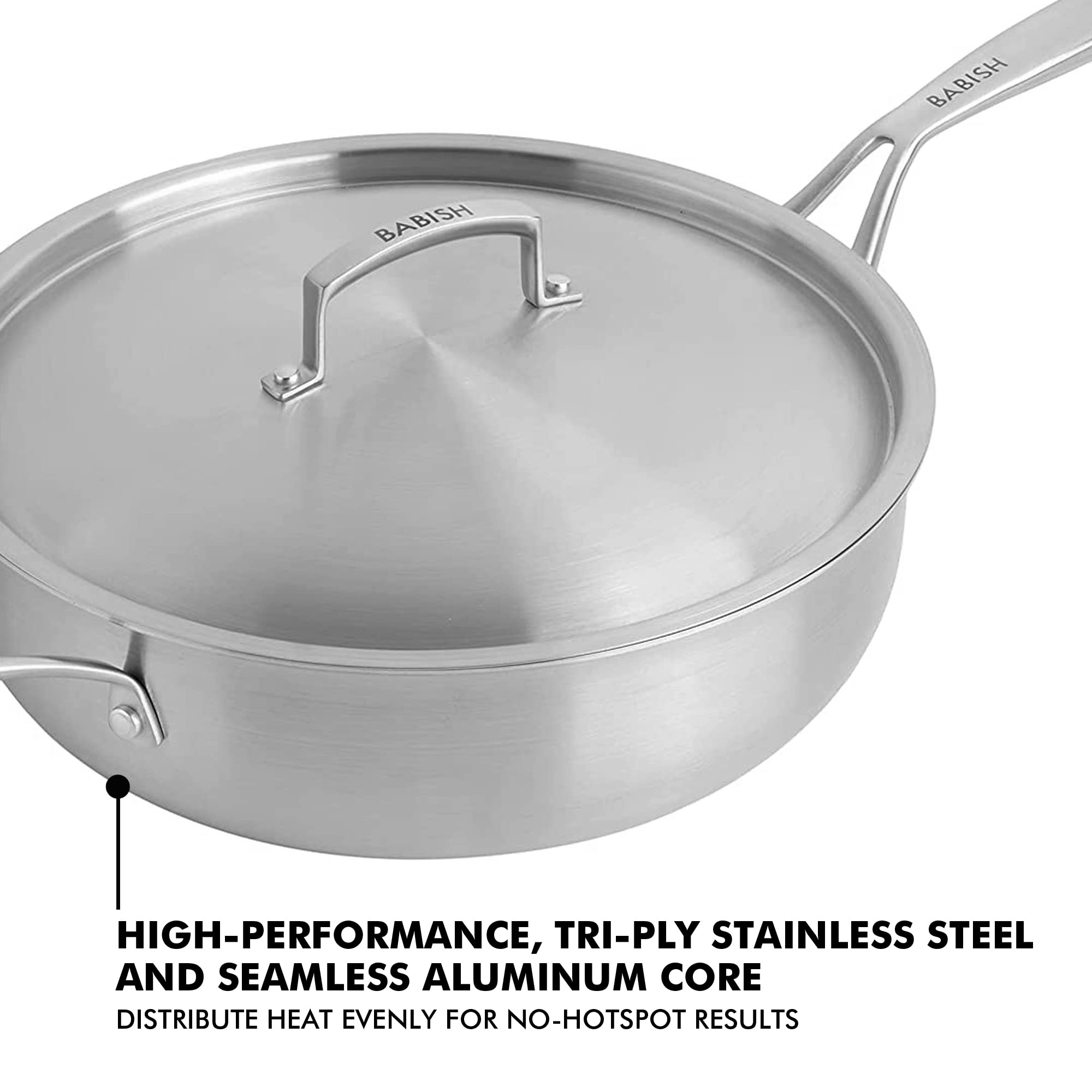 Babish Tri-Ply Stainless Steel Professional Grade Saute Pan w/Lid, 5-Quart