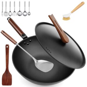 leitao carbon steel wok pan, 14 piece woks & stir-fry pans set with lid & cookwares, no chemical coated flat bottom chinese woks pan for induction, electric, gas, halogen all stoves