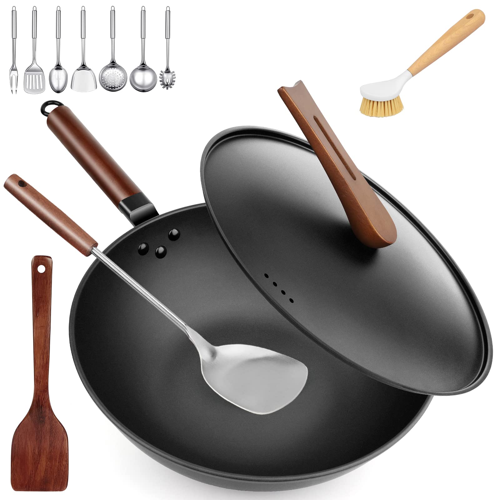 LEITAO Carbon Steel Wok Pan, 14 Piece Woks & Stir-Fry Pans Set with Lid & Cookwares, No Chemical Coated Flat Bottom Chinese Woks Pan for Induction, Electric, Gas, Halogen All Stoves