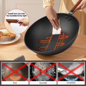 LEITAO Carbon Steel Wok Pan, 14 Piece Woks & Stir-Fry Pans Set with Lid & Cookwares, No Chemical Coated Flat Bottom Chinese Woks Pan for Induction, Electric, Gas, Halogen All Stoves