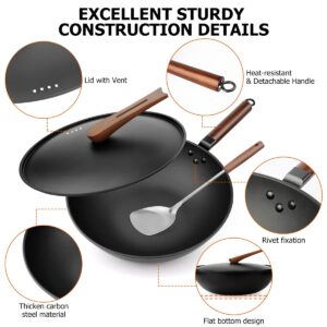 LEITAO Carbon Steel Wok Pan, 14 Piece Woks & Stir-Fry Pans Set with Lid & Cookwares, No Chemical Coated Flat Bottom Chinese Woks Pan for Induction, Electric, Gas, Halogen All Stoves