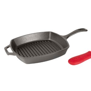 Lodge L8SGP3ASHH41B Cast Iron Square Grill Pan with Red Silicone Hot Handle Holder, Pre-Seasoned, 10.5-inch