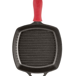 Lodge L8SGP3ASHH41B Cast Iron Square Grill Pan with Red Silicone Hot Handle Holder, Pre-Seasoned, 10.5-inch