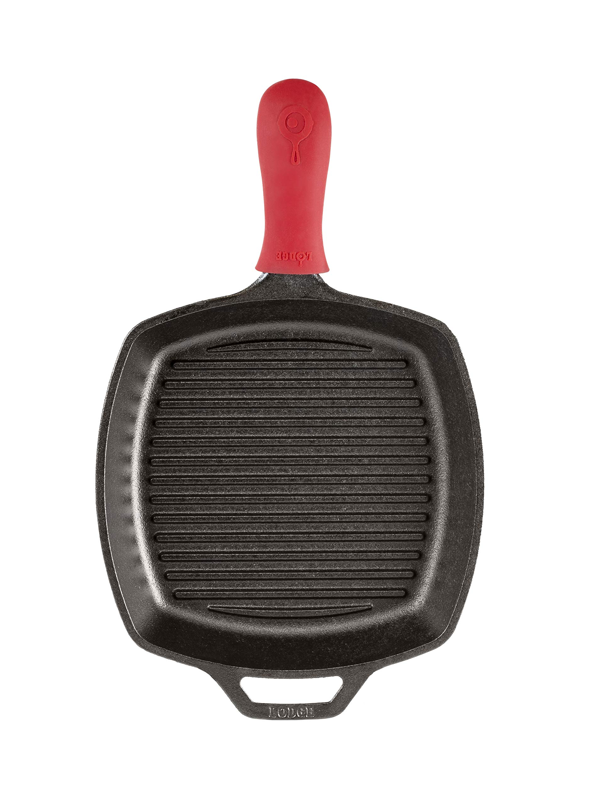 Lodge L8SGP3ASHH41B Cast Iron Square Grill Pan with Red Silicone Hot Handle Holder, Pre-Seasoned, 10.5-inch