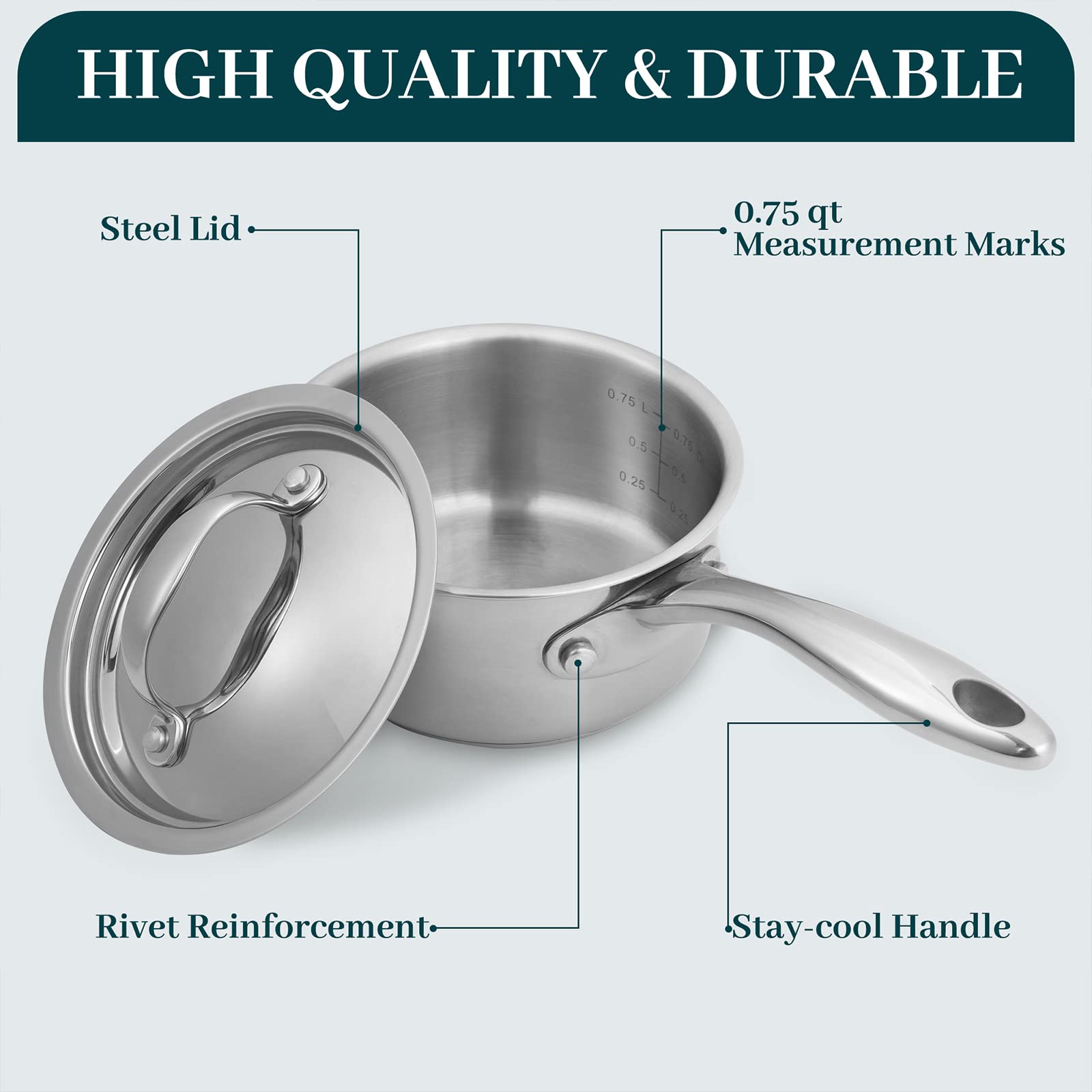 DELUXE Sauce Pan with Lid, 1 Quart Stainless Steel Saucepan with Stay-Cool Handle, Multipurpose Cooking Pot for Sauces Pasta, Suitable Induction/Electric Gas Cooktops, Dishwasher Oven Safe