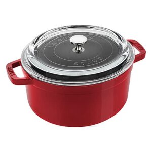 staub cast iron dutch oven 4-qt round cocotte with glass lid, made in france, serves 3-4, cherry