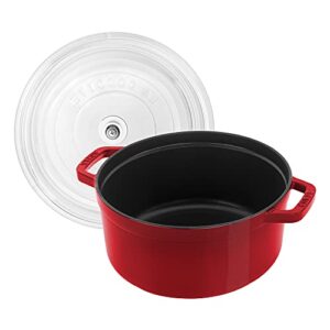 Staub Cast Iron Dutch Oven 4-qt Round Cocotte with Glass Lid, Made in France, Serves 3-4, Cherry