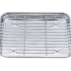 TeamFar Toaster Oven Pan Tray with Cooling Rack, Stainless Steel Toaster Ovenware broiler Pan, Compact 8''x10''x1'', Healthy & Non Toxic, Rust Free & Easy Clean - Dishwasher Safe