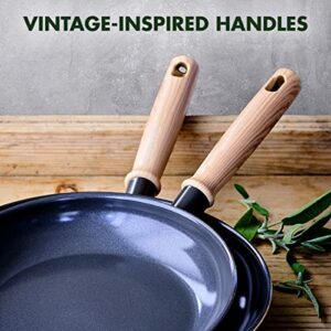 GreenPan Hudson Healthy Ceramic Nonstick, 9.5" and 11" Frying Pan Skillet Set, Vintage Wood Inspired Handle, PFAS-Free, Dishwasher Safe, Black
