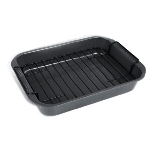 kitcom bakeware nonstick roaster, nonstick roasting pan with rack, great for roast chicken, roasts and turkeys - 15 inch x 11 inch (5.8 qt), gray
