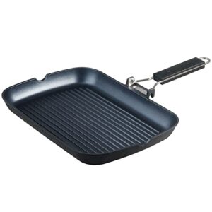 s·kitchn grill pan with folding handle, nonstick grill pan for stove tops, induction compatible kbbq grill pan with pour spouts, indoor rectangle bbq grilling pan - 13 × 9in