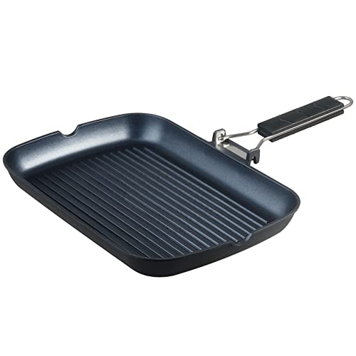 S·KITCHN Grill Pan with Folding Handle, Nonstick Grill Pan for Stove Tops, Induction Compatible KBBQ Grill Pan with Pour Spouts, Indoor Rectangle BBQ Grilling Pan - 13 × 9IN