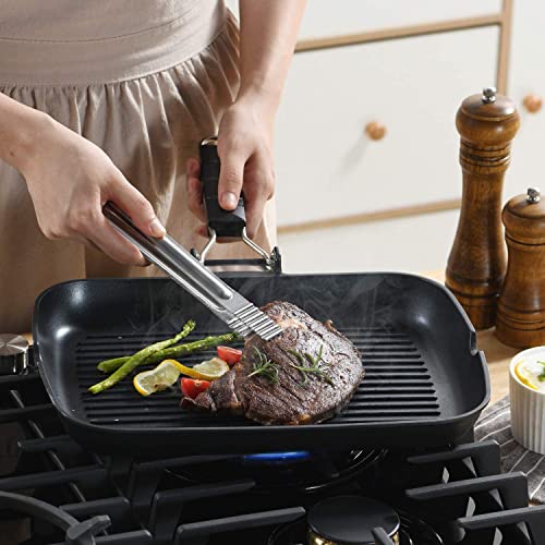 S·KITCHN Grill Pan with Folding Handle, Nonstick Grill Pan for Stove Tops, Induction Compatible KBBQ Grill Pan with Pour Spouts, Indoor Rectangle BBQ Grilling Pan - 13 × 9IN