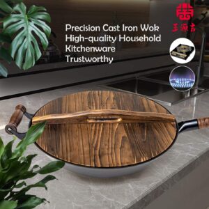 WANGYUANJI Cast Iron Wok Pan 14.2" Large Wok Stir Fry Pan Flat Bottom Wok with Lid and Wood Handle,Suitable for All Cooktops, Uncoated Craft Wok Healthy Cooking Wok-Practical Gift