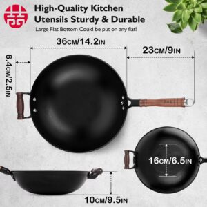 WANGYUANJI Cast Iron Wok Pan 14.2" Large Wok Stir Fry Pan Flat Bottom Wok with Lid and Wood Handle,Suitable for All Cooktops, Uncoated Craft Wok Healthy Cooking Wok-Practical Gift