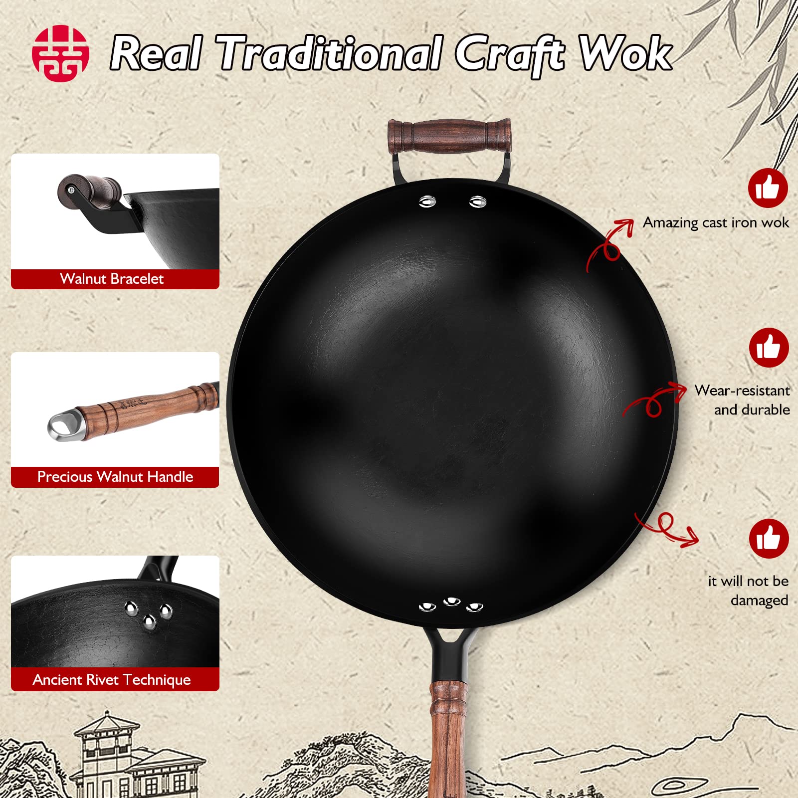 WANGYUANJI Cast Iron Wok Pan 14.2" Large Wok Stir Fry Pan Flat Bottom Wok with Lid and Wood Handle,Suitable for All Cooktops, Uncoated Craft Wok Healthy Cooking Wok-Practical Gift