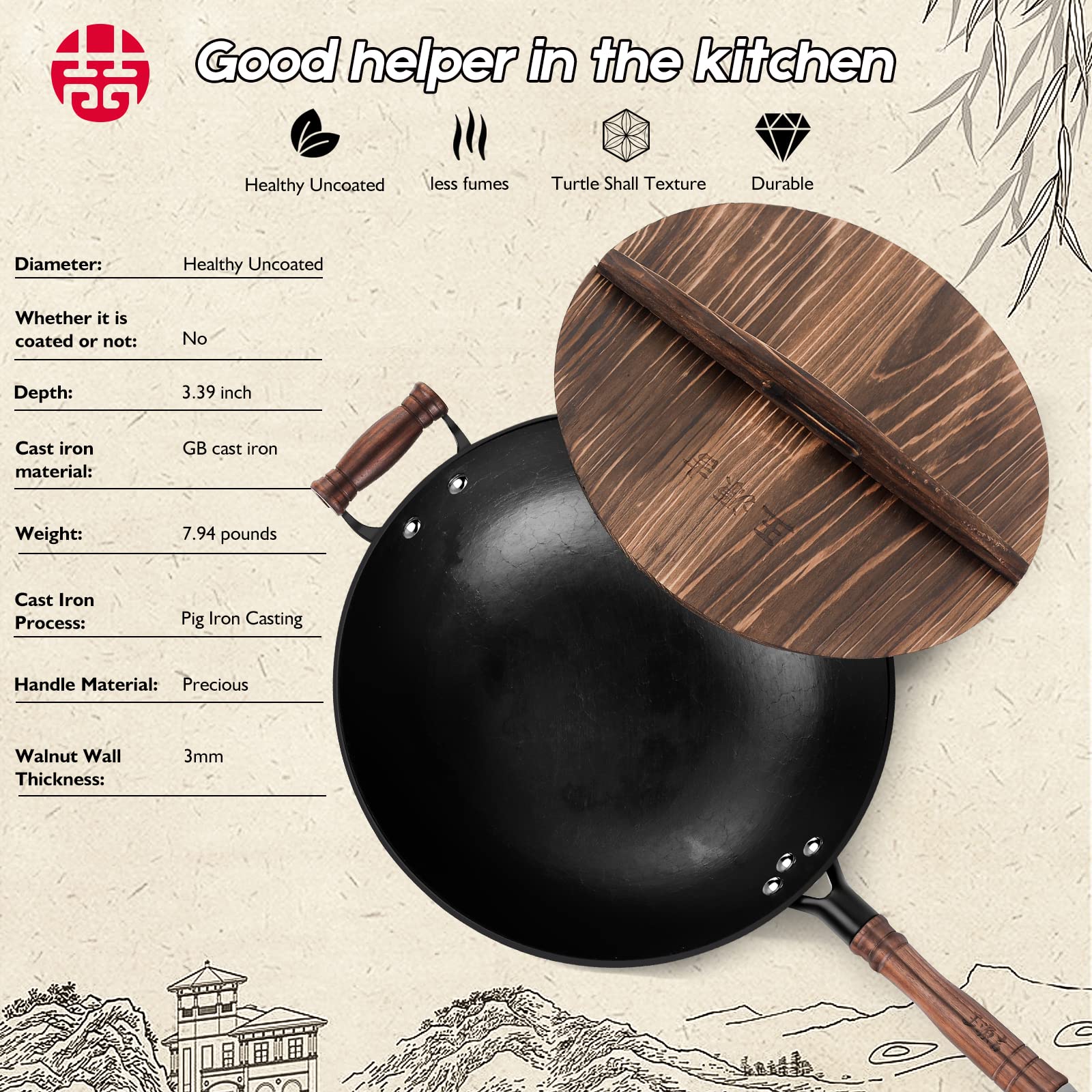 WANGYUANJI Cast Iron Wok Pan 14.2" Large Wok Stir Fry Pan Flat Bottom Wok with Lid and Wood Handle,Suitable for All Cooktops, Uncoated Craft Wok Healthy Cooking Wok-Practical Gift