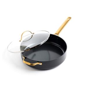 greenpan reserve hard anodized healthy ceramic nonstick 4.5qt saute pan jumbo cooker with helper handle and lid, gold handle, pfas-free, dishwasher safe, oven safe, black