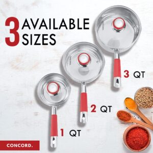 Concord 3 Quart Stainless Steel Saucepan with SIMPLE POUR Vented Glass Lid. Features Dual Pouring Spouts and Volume Marking. Perfect for making Sauces, Jam, Ramen, and more