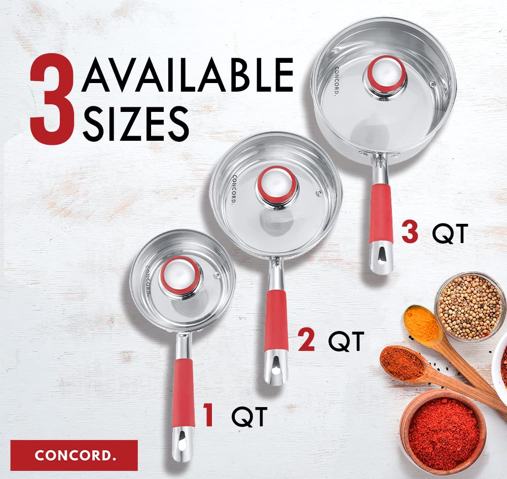 Concord 3 Quart Stainless Steel Saucepan with SIMPLE POUR Vented Glass Lid. Features Dual Pouring Spouts and Volume Marking. Perfect for making Sauces, Jam, Ramen, and more