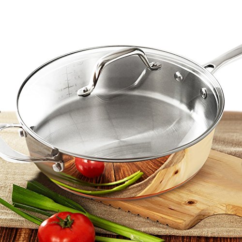 HOMICHEF 9.5 Inch Nickel Free Stainless Steel Saute Pan With Lid Induction Oven Safe - Premium Mirror Polished Copper Band Stainless Steel Pan With Glass Lid - 2.5 Quart Non Toxic Cookware Pans