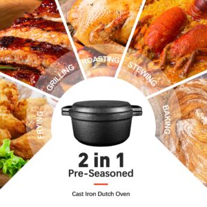 Pre-Seasoned Cast Iron 2-In-1 Heavy-Duty 5.5qt Dutch Oven With Skillet Lid Set, Oven,Grill, Stove Top, BBQ and Induction Safe