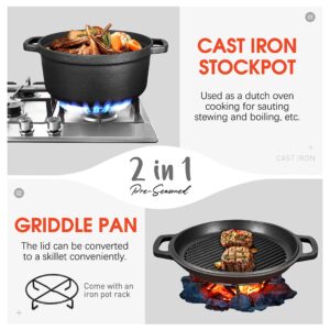 Pre-Seasoned Cast Iron 2-In-1 Heavy-Duty 5.5qt Dutch Oven With Skillet Lid Set, Oven,Grill, Stove Top, BBQ and Induction Safe