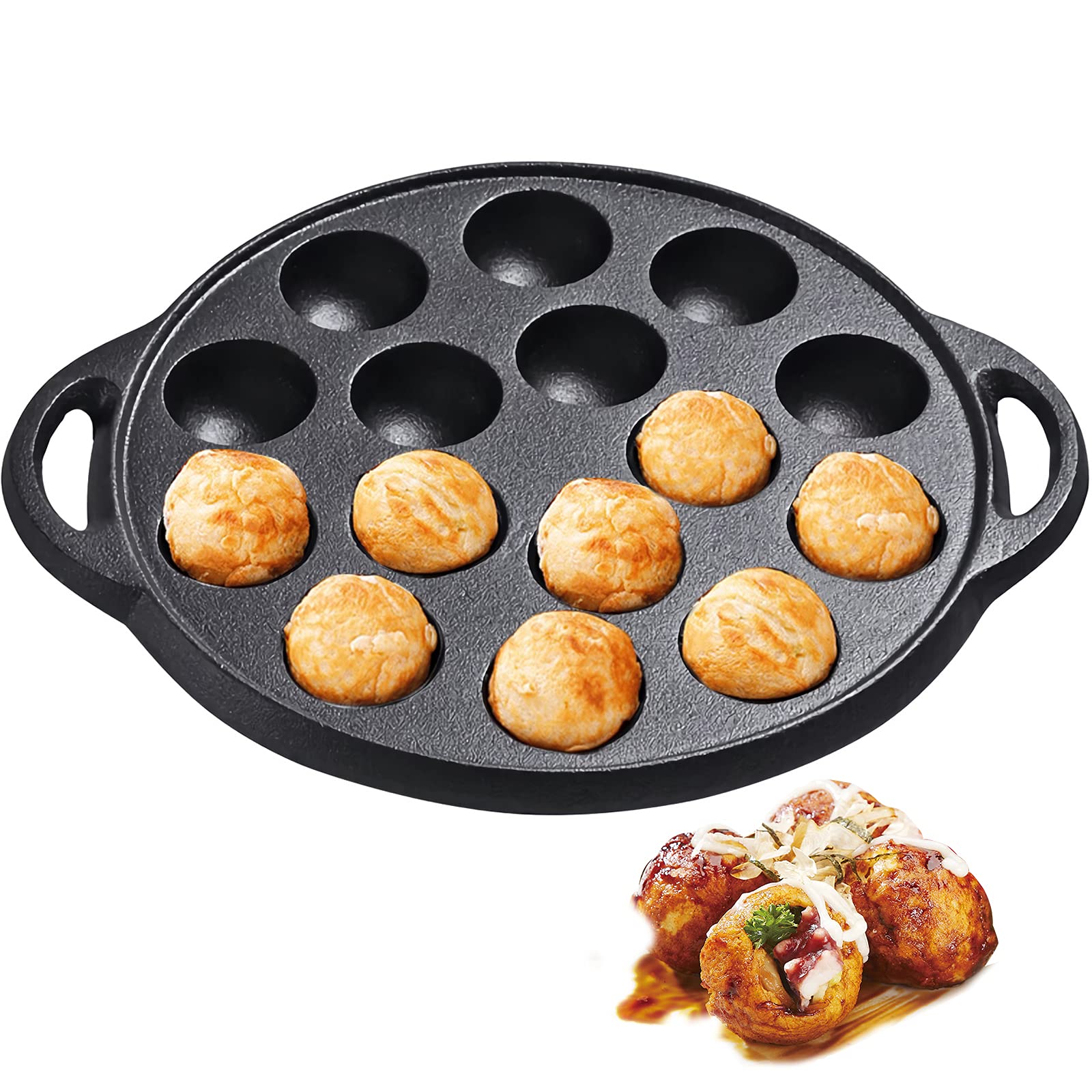 WUWEOT Non-Stick Aebleskiver Pan, Pre-Seasoned Cast Iron Pancake Octopus Ball Grill, 1.5" diameter, 6.6lb