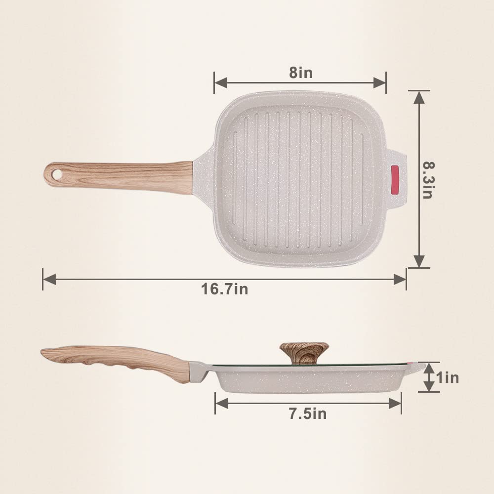 Bobikuke Nonstick Aluminum Grill Pan with Glass Lid, Induction Compatible, 8.3in