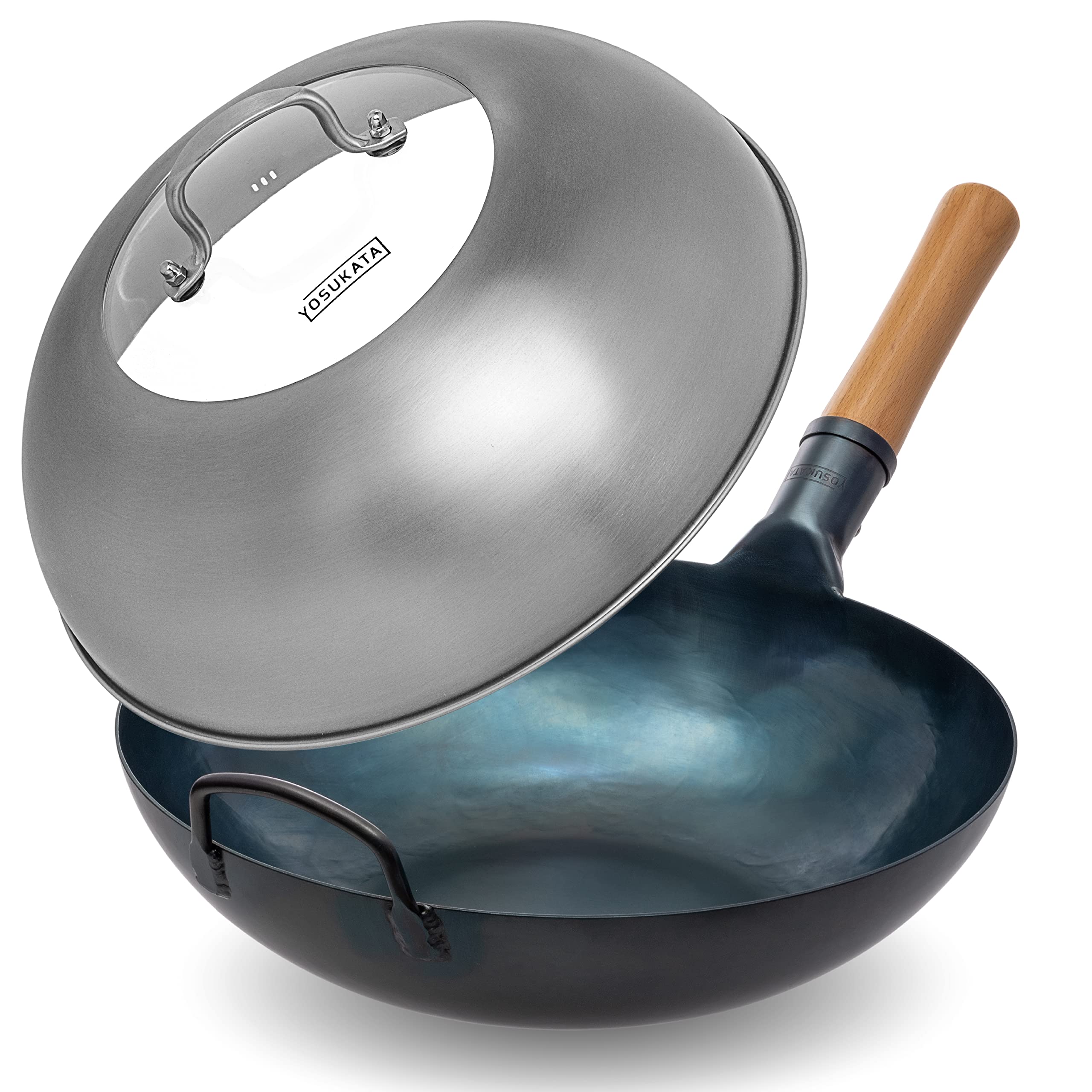 YOSUKATA Flat Bottom Wok Pan - 13.5" Blue Carbon Steel Wok With Wok Lid 12.8 Inch - Premium Stainless Wok Cover with Tempered Glass Insert Steam Holes and Ergonomic Handle