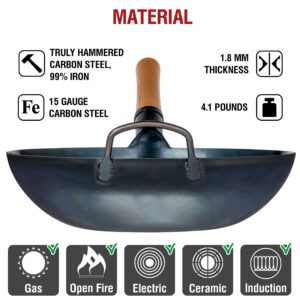 YOSUKATA Flat Bottom Wok Pan - 13.5" Blue Carbon Steel Wok With Wok Lid 12.8 Inch - Premium Stainless Wok Cover with Tempered Glass Insert Steam Holes and Ergonomic Handle