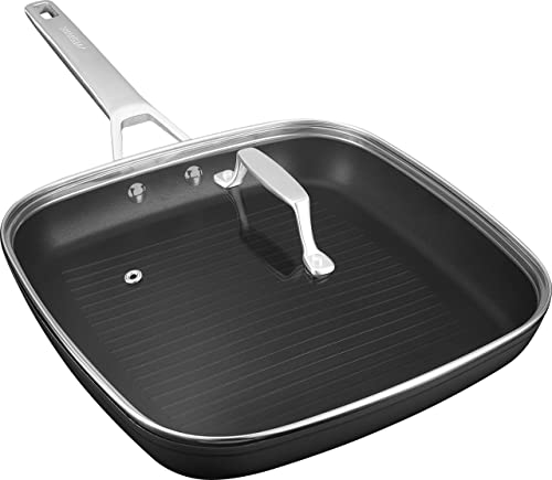 MsMk Square Grill Pan with lid, Stay-Cool Handle, Each Ridge Nonstick, Oven Safe Dishwasher Safe Induction Grill pans for Stove Tops, Square Frying Pan, Bacon Pan, Indoor Chicken Skillet, 11-Inch