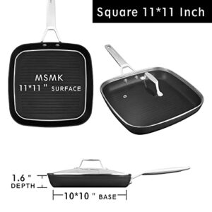 MsMk Square Grill Pan with lid, Stay-Cool Handle, Each Ridge Nonstick, Oven Safe Dishwasher Safe Induction Grill pans for Stove Tops, Square Frying Pan, Bacon Pan, Indoor Chicken Skillet, 11-Inch