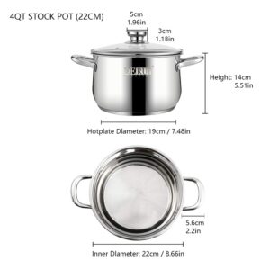 DERUI CREATION Stainless Steel Stock Pot 22CM | 4 Quart with Glass Lids Casserole Pots Induction Saucepans Soup Pot for Cooking