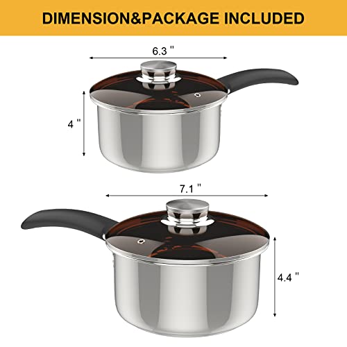 Kerykwan Stainless Steel Saucepan Set with Glass Lid 1.5 Quart&2 Quart Sauce Pan Pot with Cover Restaurant Nonstick Milk Soup Pan for Kitchen Home Restaurant (1.5 Quart+2 Quart)