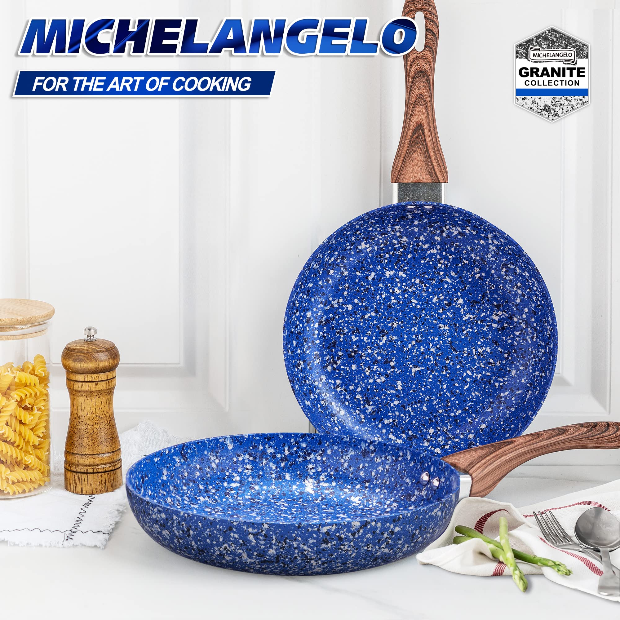 MICHELANGELO Frying Pan Set with Lid, 9.5" & 11" Fry Pan Set with APEO & PFOA-Free Stone-Derived Interior, Nonstick Frying Pans, Granite Fry Pans, Nonstick Skillets Set, Induction Compatible