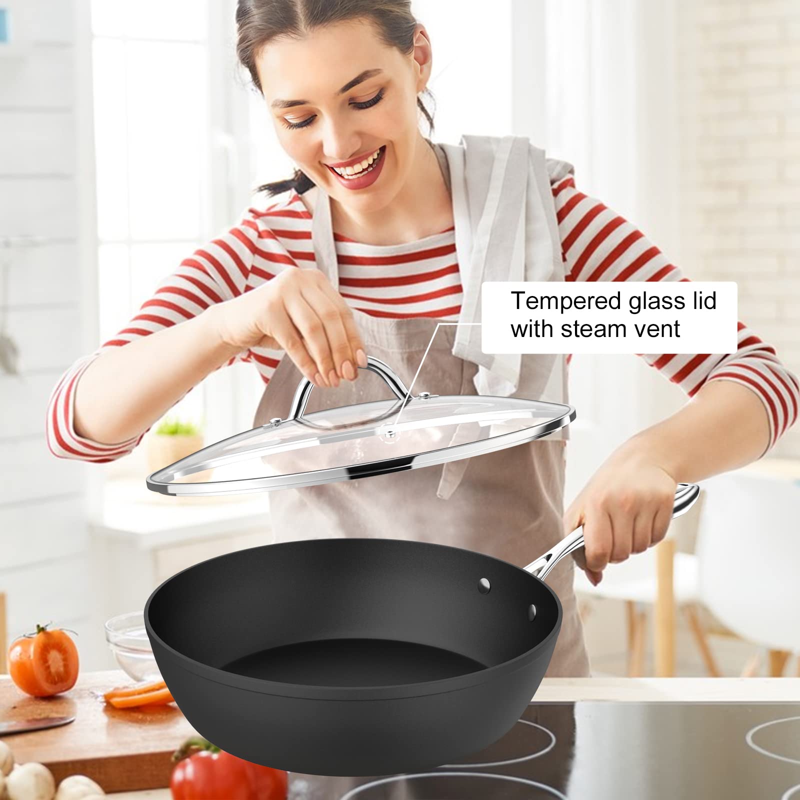 Faseem Frying Pans Nonstick with lid, Deep nonstick fry pan, Healthy non stick skillets for Cooking, Induction Compatible Non-Toxic PFOA & PFOS free (Black, 11 inch)