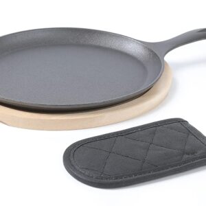 HAWOK Cast Iron Fajita Plate Sizzler Pan Set with Wooden Tray and Handle Holder, Pre-seasoned Cast Iron Skillet with Wooden Base and Handle Cover