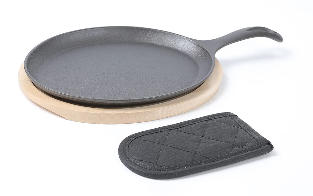 HAWOK Cast Iron Fajita Plate Sizzler Pan Set with Wooden Tray and Handle Holder, Pre-seasoned Cast Iron Skillet with Wooden Base and Handle Cover