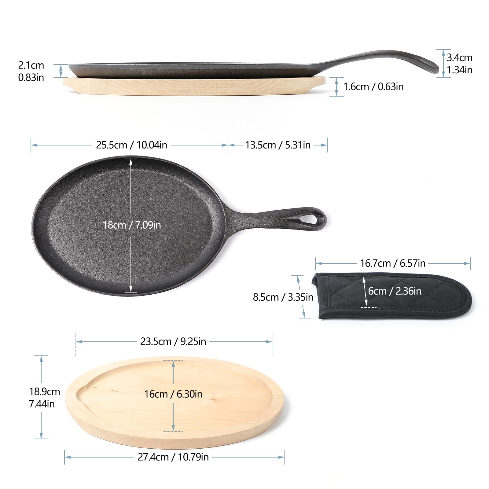 HAWOK Cast Iron Fajita Plate Sizzler Pan Set with Wooden Tray and Handle Holder, Pre-seasoned Cast Iron Skillet with Wooden Base and Handle Cover
