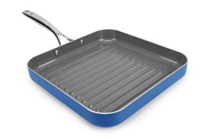 eazy mealz square non-stick grill pan for stove, light weight, perfect grill marks, oven safe up to 500 degrees, large, 10.5" blue