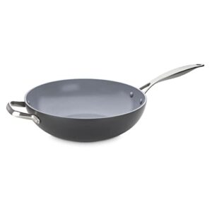 greenpan valencia pro hard anodized healthy ceramic nonstick 12" wok, pfas-free, induction, dishwasher safe, oven safe, gray