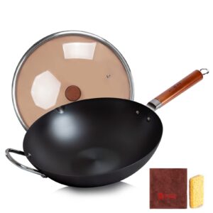 wangyuanji carbon steel wok,14.2" wok pan with lid, woks & stir-fry pans no chemical coated wok for induction, electric, gas, halogen all stoves-practical gift flat bottom iron wok