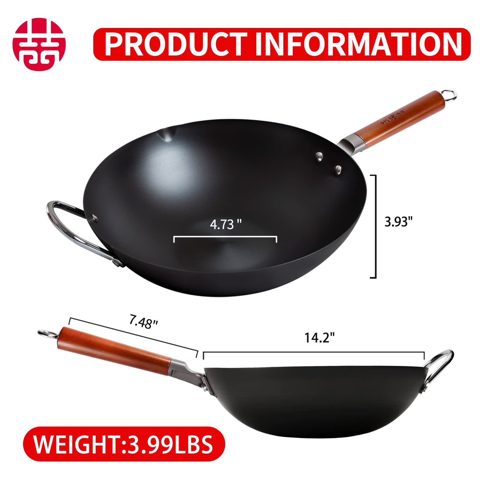 WANGYUANJI Carbon Steel Wok,14.2" Wok Pan with Lid, Woks & Stir-Fry Pans No Chemical Coated Wok for Induction, Electric, Gas, Halogen All Stoves-Practical Gift Flat Bottom Iron Wok